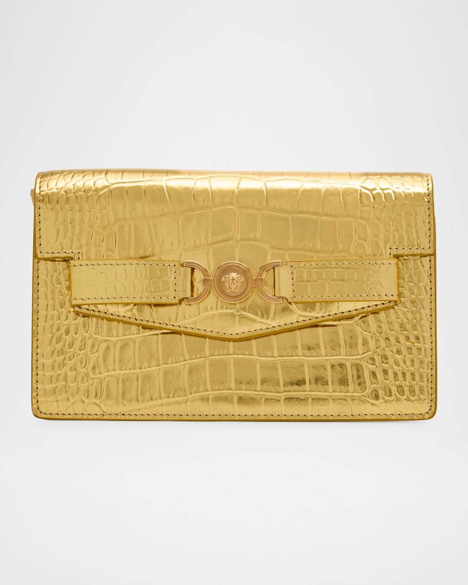 La Medusa Laminated Croc-Embossed Wallet on Chain